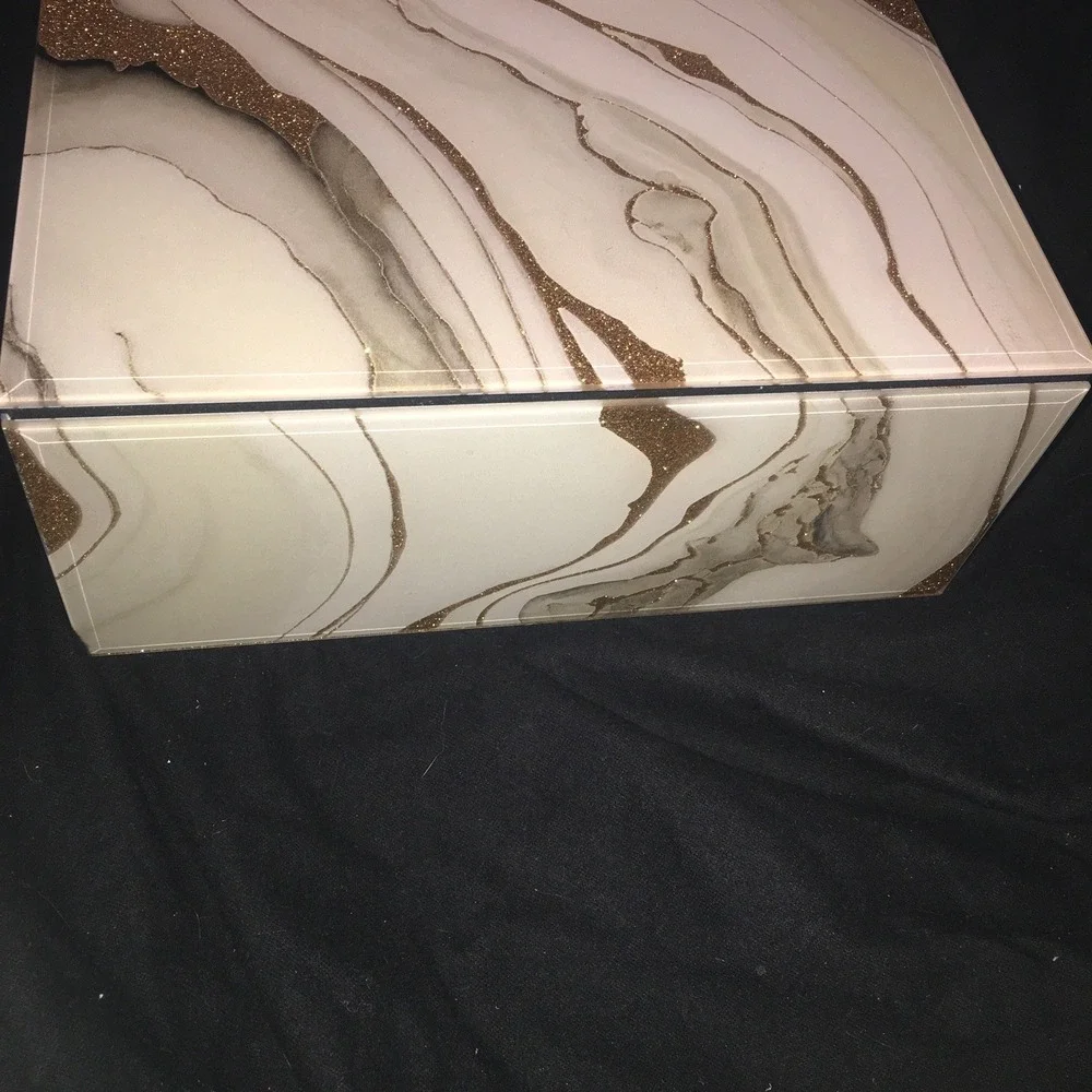 Glass Gold Glittery White Faux Marble Jewelry Box